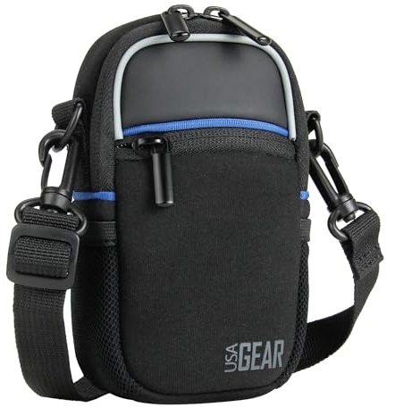 USA Gear Compact Camera Case (Black) Point and Shoot Camera Bag with Accessory Pockets, Rain Cover and Shoulder Strap - Compatible with Sony CyberShot, Canon PowerShot ELPH, Nikon COOLPIX and More
