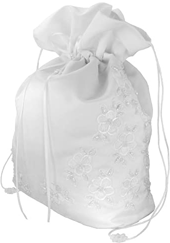 Satin Wedding Bridal Money Bag, X-Large in White, with Pearl-Embellished Floral Lace for Envelopes, Cards or as Bridal Purse