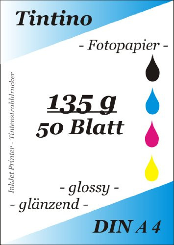DIN A4 fotopapper, glänsande, 135 g/m², glänsande/omedelbart torr/vattenfast, hög färgbriljans för bläckstrålskrivare, 50 ark fotopapper, vitt glänsande