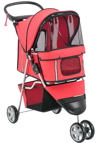 PawHut Passeggino per Cani Pieghevole Carrello per Animali Domestici Carrello Carrozzina Rosso 75 x 45 x 97cm