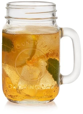 Libbey County Fair Set of 12 Mason Drinking Jars with Handles, Classic 16.5 oz Glass Mason Jar Mugs w/Top, Drinking Glass Jar for Cocktail, and More