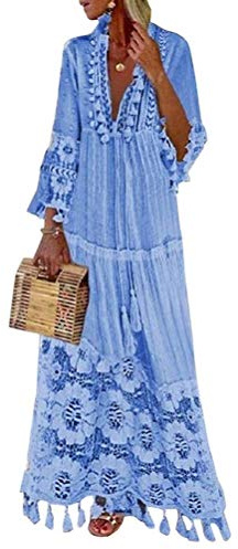 shownicer Vestido Mujer Bohemio Largo Verano Playa Fiesta Cordón Manga Larga Cuello en V Maxi Vestidos de Noche Fiesta Banquete Cóctel Azul S