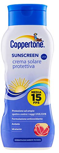 Coppertone Sunscreen Crema Solare Protettiva FPS 15, con Filtri Uva, Formula Antietà, con Melograno e Vitamina E, Resistente all'Acqua, Giallo, 200 Millilitri