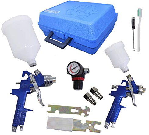 HVLP Lackierpistole Spritzpistolen Set im Koffer mit Manometer 1,4mm/0,8mm Düsen + 2 Becher für Autolack und Airbrush ADAPTER Edelstahldüsen