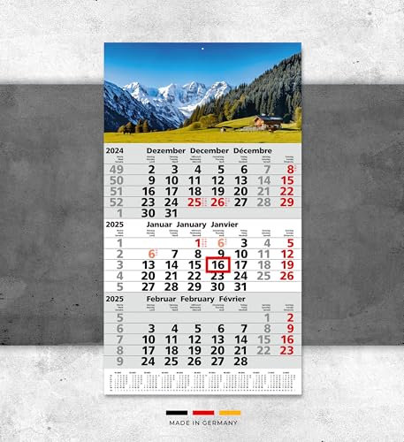 3-Monatskalender 2026 Wandplaner Dreimonatskalender 30 x 59 cm mit Schieber mehrsprachig d/fr./engl Motiv: Berge