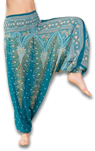 PANASIAM Harembyxor Peacock Dam - 2-i-1 - Kan även bäras som jumpsuit | Yogabyxor med låg gren, GOA-stil, boho, Aladdinbyxor, orientaliska, lätta sommarbyxor, 100 % viskos