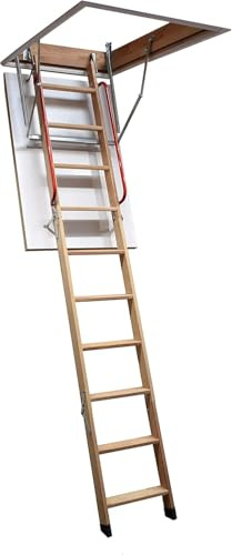 Scala retrattile per soffitta in legno BPS® Deluxe | Doppia ringhiera di sicurezza | Scala retrattile pieghevole per soffitta | Certificazione EN14975 | 150 kg | | Telaio: 1300 x 700 mm