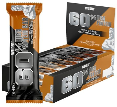 Weider Barra de Proteína 60%, Sabor Maní Salado Caramelo - Pack de 24 Unidades x 45 g - Total: 1080 g