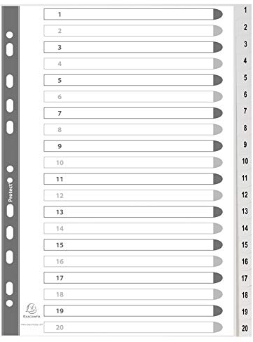 Exacompta 1721E Kunststoff-Register 1-20 für DIN A4 aus recyceltem Kunststoff 20-teilig volle Höhe 21 x 29,7 cm weiß mit bedruckten Taben Universallochung Blauer Engel Trennblätter Trennstreifen