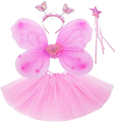 Fun Play TOWO Deguisement de Clochette fée Papillon - Ailes, Baguette, Serre-tête et Tutu - Déguisement Papillon pour Enfants 3-8 Ans - Couleur Rose