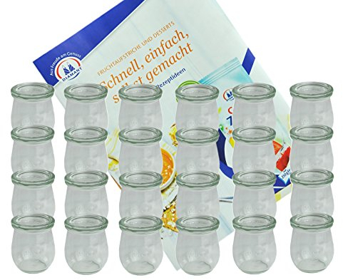 MamboCat 24er Set Weckgläser 220 ml Tulpenform mit Deckel I Original Weck Tulpenglas Dessertglas I Einweckgläser mit Deckel für Obst Gemüse UVM I inkl. Diamant-Zucker Gelierzauber Rezeptheft