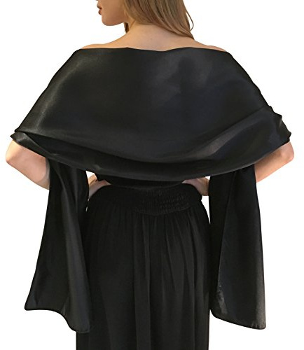 Impresionante sedoso raso satin abrigo de la boda Wrap nupcial de la estola del mantón bufanda Pashmina Bodas novias Las damas de honor en el Marfil Blanco Negro Azul Plata Oro Rosa Gris Verde (S-M, Negro)