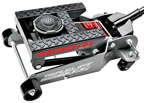 Powerbuilt 2 Ton Triple Lift Floor Jack, Lifts Cars, Trucks, Motorcycles, ATV's, Transmissions, Tie-Down Loops, Locking Safety Bar - 620422E, Silver