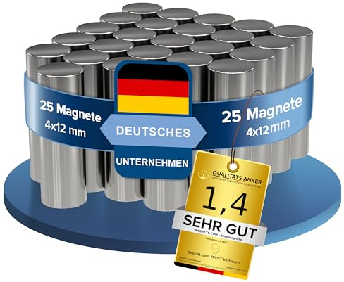 25 x Cilindros magnéticos de neodimio | Imán / Imanes | Diámetro Ø 4 mm, longitud 12 mm | niquelados (NiCuNi) | Fuerza de sujeción (fza. sujec.): aprox. ~ 4 kg | 25 uds. Cilindro magnético