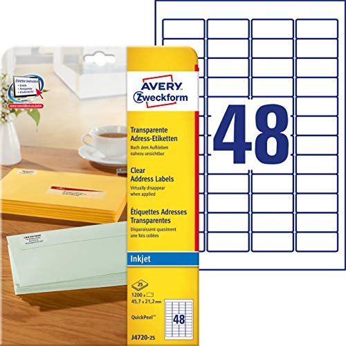 AVERY Zweckform J4720-25 Adressetiketten/Adressaufkleber (1.200 Etiketten, 45,7x21,2mm auf A4, bedruckbar, selbstklebend, für Absenderetiketten, Polyesterfolie, Inkjet-Drucker) 25 Blatt, transparent