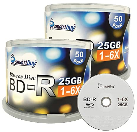 Smartbuy 100 Pack Bd-r 25gb 6X Blu-ray Single Layer Recordable Disc Logo Top Blank Data Video Media 100 Disc Spindle