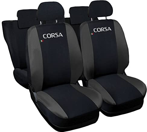 Lupex Shop Autositzbezüge kompatibel mit Corsa, Made in Italy, Polyestergewebe, kompletter Satz Vorder- und Rücksitze (Schwarz - Dunkelgrau)