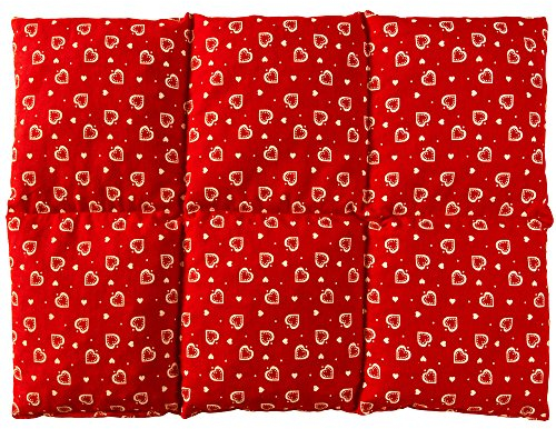 Coussin aux graines de lin 40x30 - Compresse chaud ou froid - Grande bouillotte sèche - Coussin thermique (6 compartiments; Design: Rouge avec des coeurs)
