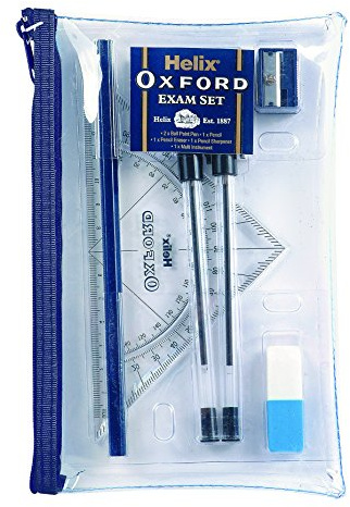 Helix Oxford Filled Exam Pencil Case Set – Clear Case with Black Ballpoint Pens, Pencil, Eraser, Sharpener & Combined Protractor/Set Square – Ideal for School & Exam Use
