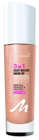 Manhattan 3in1 Easy Match Make-up, Flüssig Foundation für gebräunte Haut mit LSF 20, Farbe Rose Beige 36, 1 x 30ml