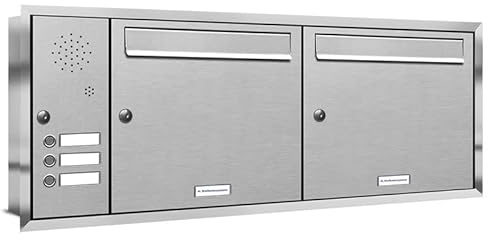 AL Briefkastensysteme, 2er Unterputzbriefkasten, Doppel-Briefkasten mit Klingel, 2 Fach, Briefkastenanlage modern, rostfrei Edelstahl Postkasten