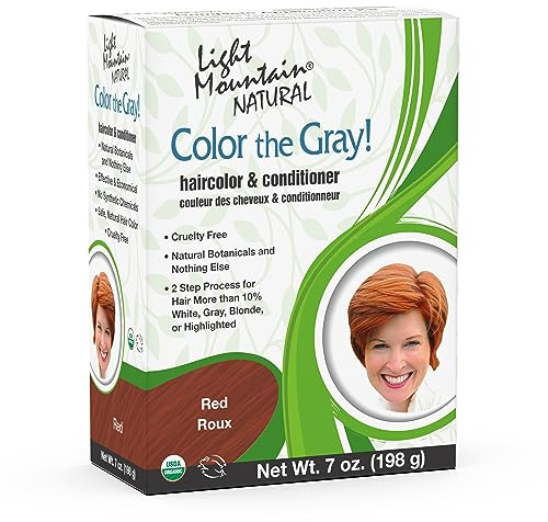 Light Mountain Henna Hair Color & Conditioner, Color the Gray – Red, 2-Step Chemical-Free, Semi-Permanent for White, Gray & Blonde Hair + 4 Clips