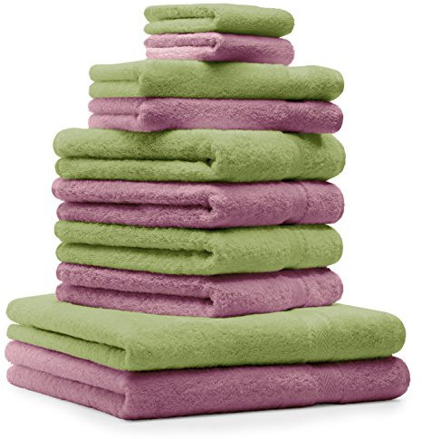 Betz 10-TLG. Handtuch-Set Classic 100% Baumwolle 2 Duschtücher 4 Handtücher 2 Gästetücher 2 Seiftücher Farbe apfelgrün und Altrosa
