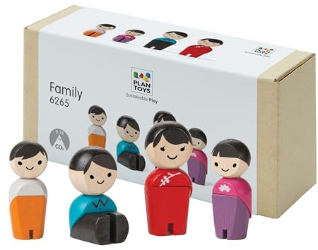 PlanToys® PlanWorld Family Set | 4 Wooden Poseable Figures for PlanCity & PlanWorld Playsets | Montessori Pretend Play Family with Flexible Arms & Legs | Eco-Friendly Sustainable Wooden Toy for Kids