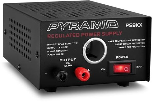 Pyramid PS9KX Universal Compact Bench Power Supply-5 Amp Linear Regulated Home Lab Benchtop Converter w/ 13.8 Volt DC 115V AC 70 Watt Input, Screw Type Terminal, 12V Car Cigarette Lighter