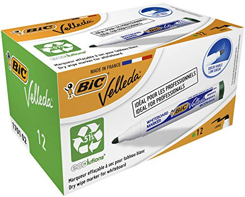 BIC Velleda 1701 ECOlutions Feutres pour Tableau Blanc Effaçables à Sec à Pointe Conique Moyenne - Vert, Boîte de 12