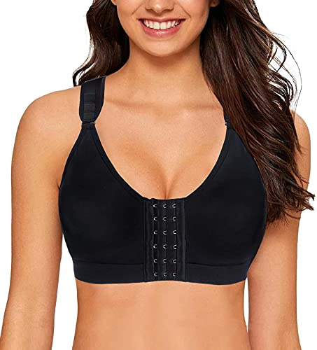 YIANNA Reggiseno Sportivo Donna Post Chirurgico Apertura Frontale Reggiseni Senza Ferretto Mastoplastica Bralette Contenitivo Nero, 128 Size 2XL