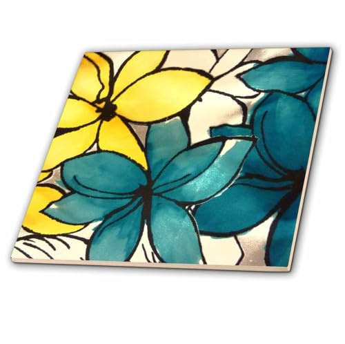 3dRose Teal and Yellow Floral 12 Inch Ceramic Tile