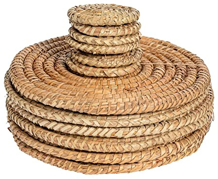 Argon Tableware Round Placemats & Coasters - 12pc - Woven Palm Leaf Kitchen Dining Table Mats Bar Drinks Coaster Protector Place Mats for Home, Restaurant Catering