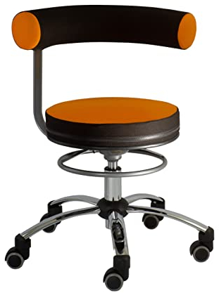 Sanus®-Gesundheitsstuhl | Rollhocker mit 360° Lehne, Fester Lehne, Sitzhöhe niedrig (36-43 cm), Stoffbezug orange/schwarz, Rollstopp-Rollen. Ergonomischer Bürostuhl, Erzieherstuhl