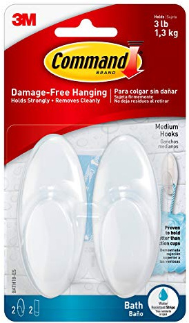 Command Medium Bath Hooks with Water Resistant Strips - 2 Medium Hooks and 2 Adhesive Strips - Hang Towels, Robes and Other Bathroom Accessories - No Nails, No Holes, No Drilling