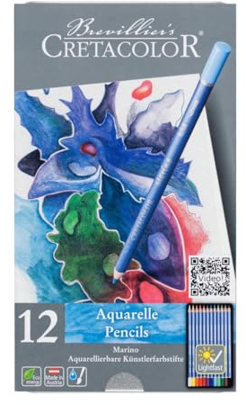 CRETACOLOR Marino, lápices de acuarela para artistas, 12 lápices de colores surtidos, diseño redondo, lápices de colores para pintar y dibujar, material para artistas, lápices de dibujo
