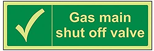V Safety Glow In The Dark Gas Main Shut Off Valve Sign - 300mm x 100mm - Rigid Plastic