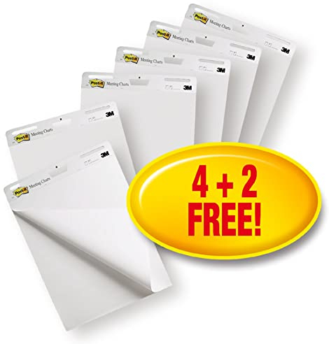 Post-It, Tischflipchart Blöcke mit 6 x 30 selbstklebenden weißen Blättern, Weißwandtafel für Meetings und Brainstorming, Meeting Chart, Whiteboard in der Größe 63,5 cm x 77,5 cm, 6 Blöcke