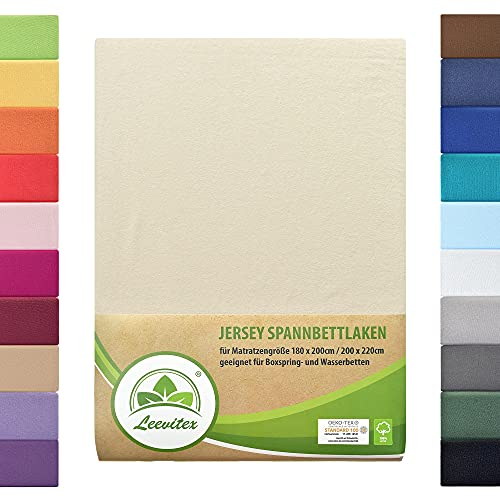 Boxspringbett & Wasserbett Spannbettlaken von leevitex® | Spannbetttuch | Jersey 180 x 200-200 x 220 cm, 40cm Steghöhe 100% Baumwolle ca. 170 g/m (Naturweiß)