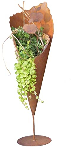 Rostikal | Rostige Metall Pflanztüte auf Bodenplatte | Gartendeko Rost Pflanzvase | 69 cm hoch