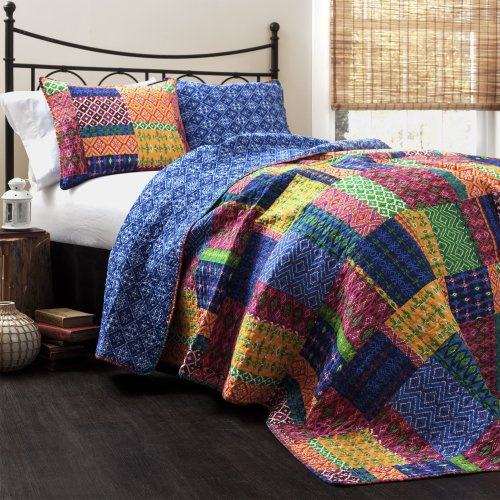 Lush Decor Misha Reversible Cotton Quilt Queen Size 3 Piece Set Full/Queen Fuchsia & Navy - Queen Bedding Set - Colorful Patchwork Quilt - Boho Decor