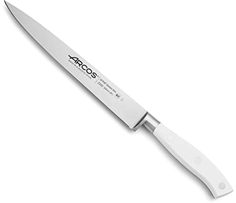 Arcos Cuchillo filetear forjado con Acero Inoxidable y Hoja 200 mm. Cuchillo afilado filetear carne y pescado. Mango ergonómico polioximetileno POM. Serie Riviera Blanc. Color blanco.