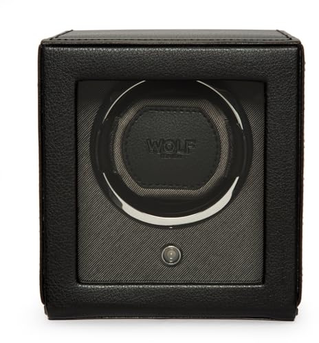 Wolf Cub Single Watch Winder with Glass Cover, Black - Secure Fit with Patented Lock-in Dynamic Cuff - Accommodates All Wrist Sizes - Vegan Leather - Includes Universal Adapter