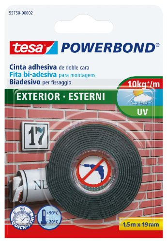 tesa Powerbond Cinta Doble Cara OUTDOOR, Cinta de Montaje para Exteriores, Resistente a los Rayos UV, al Agua y a la Temperatura, Soporta hasta 1 kg por Cada 10 cm de Cinta, 1,5m x 19mm
