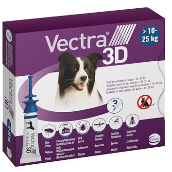 VECTRA 3D Antiparassitario per Cane 3 Pipette Antipulci Antizecche e Antizanzare per cani da 10 a 25 kg Protegge da Pulci Zecche Flebotomi e Mosche
