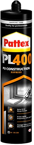 Pattex PL400 Express, Adesivo Poliuretanico per Incollaggi Strutturali, Per Interni ed Esterni, Resistente al Calore, Extraforte, Per Materiali Edili: Legno, Metalli, Pietra, Cemento, Cartuccia 475g