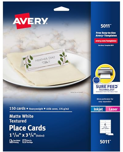 Avery Small Place Cards, Laser & Inkjet Printers, 150 Printable Cards, Textured (5011), White, 1 7/16 x 3 3/4