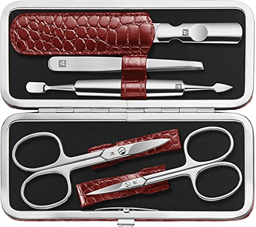 ZWILLING Maniküreset (5 Teilig, für Pflege der Finger- und Fußnägel, Echt Leder Etui mit Metallrahmen), Edelstahl Poliert, Kroko Edition, Rot