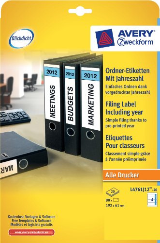 Avery Zweckform L4761J12-20 mappetiketter med årtal, 192 x 61 mm, 20 ark/80 etiketter, vit, blå