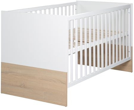 roba Lit Bébé Évolutif en Bois Gabriella - 70 x 140 cm - Hauteur Réglable - 0 à 7 Ans - Blanc/ Décor Bois
